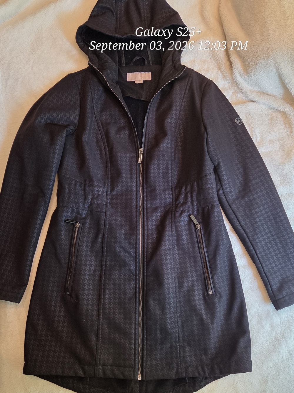 MICHAEL Michael Kors Black Hooded Trench Coat Houndstooth Pattern